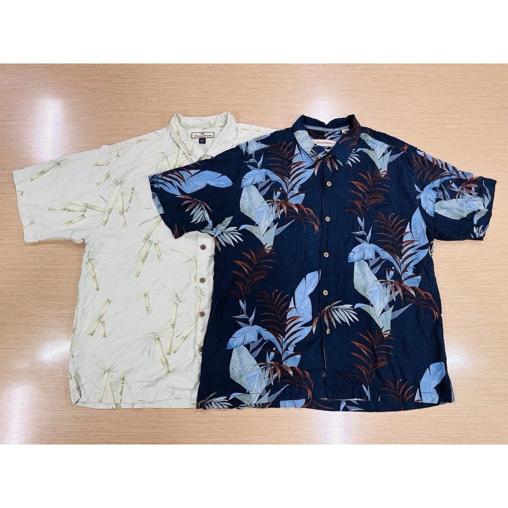 (2) Tommy Bahama Shirt Mens XL Blue Cream Silk Floral Hawaiian Tropical Resort‎